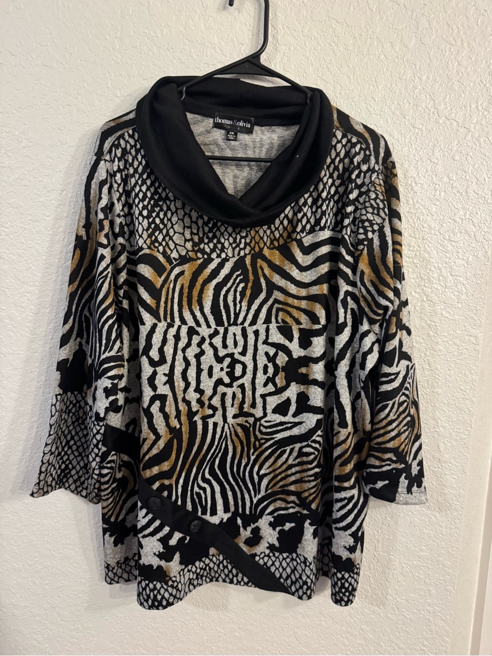 Thomas & Olivia Black, Gold and White Animal Print Cowl Neck Top